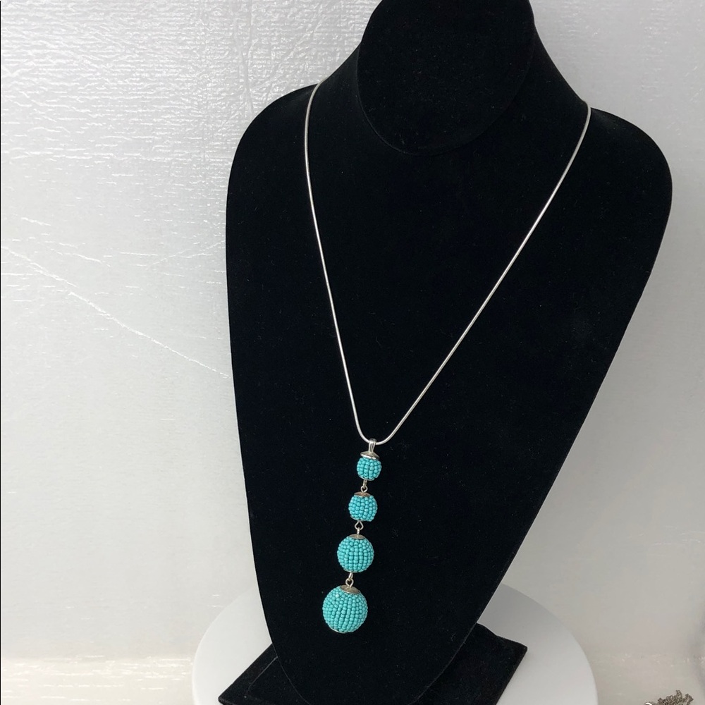 Liz Claiborne Necklace Turquoise Color Beaded Ball Silver Tone Long Chain